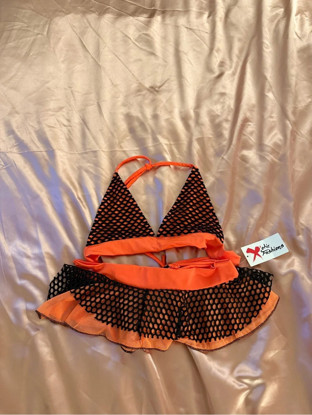 Orange and Black Fishnet Two-Piece lingerie Costume Set